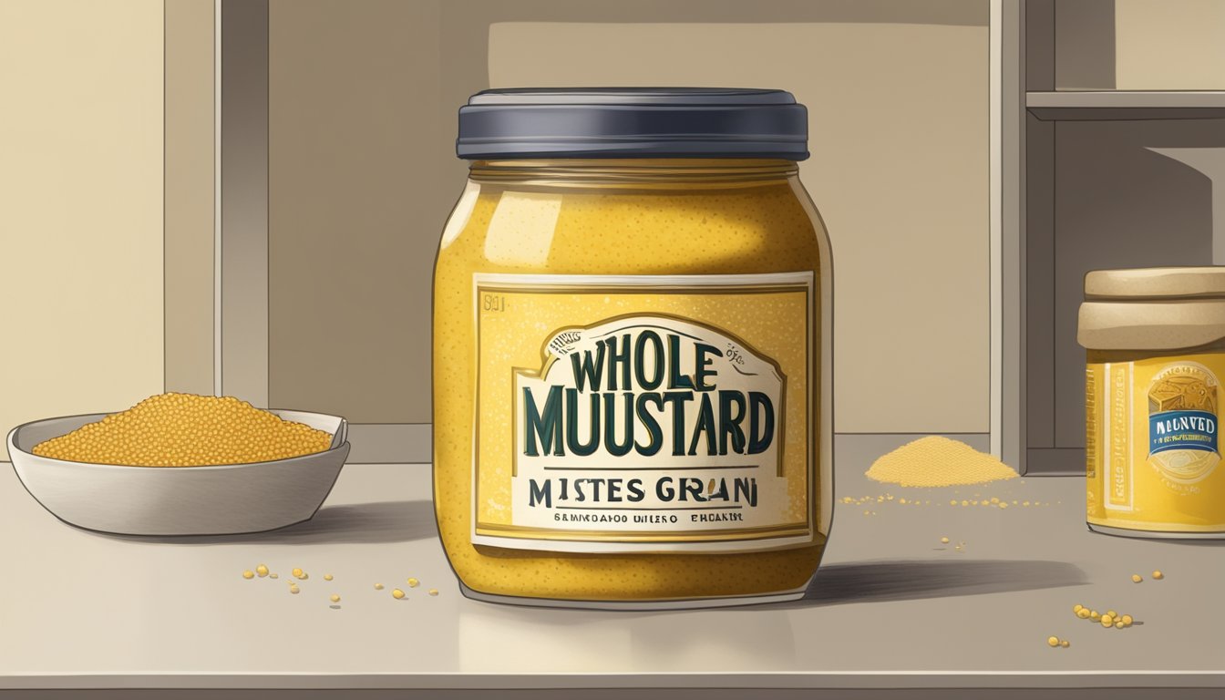 A jar of whole grain mustard sits on a shelf, its label faded and peeling. The mustard inside appears discolored and separated, with a foul odor emanating from the jar