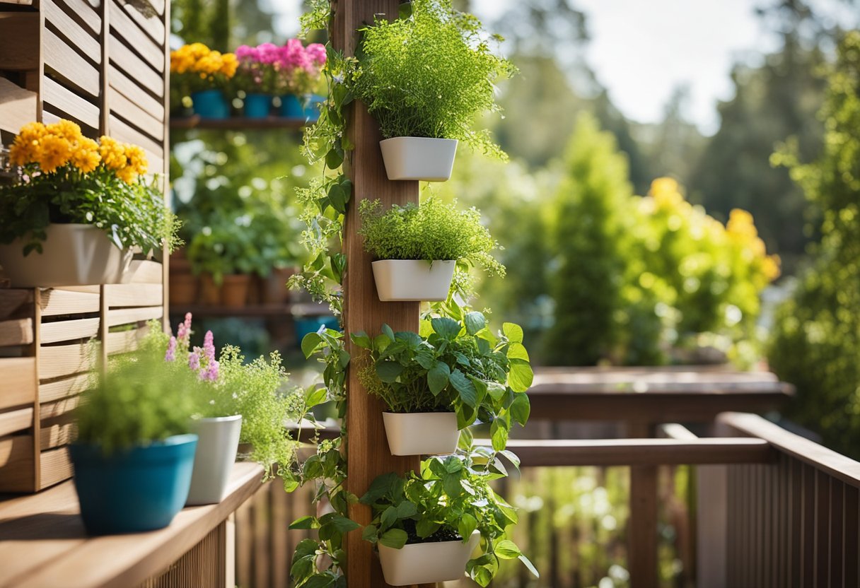 A wooden vertical herb garden hangs on a sunny backyard deck, surrounded by potted plants and colorful flowers