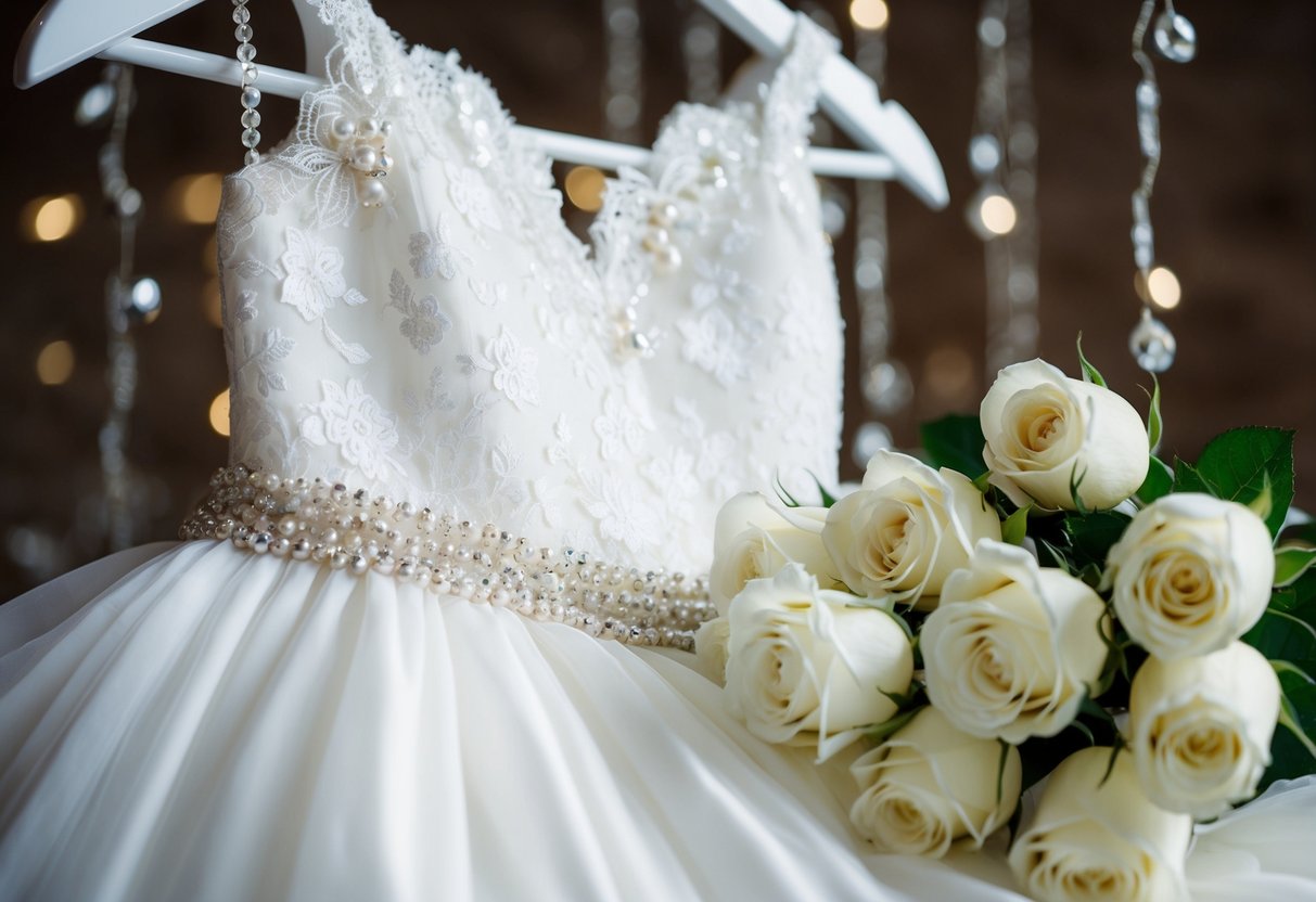 A white dress hangs on a hanger, surrounded by delicate lace and shimmering beads. A bouquet of white roses sits nearby, adding to the sense of purity and beauty