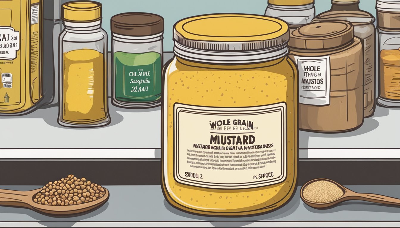 A jar of whole grain mustard sits on a kitchen shelf, surrounded by other condiments and spices. The label indicates the expiration date, and the jar appears unopened and well-maintained