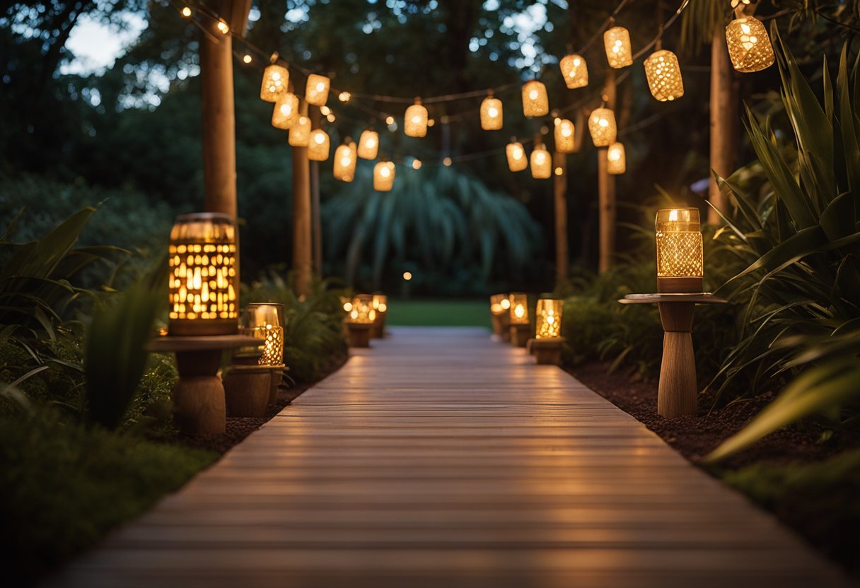 A winding path of tiki torches illuminates a lush backyard deck, creating a warm and inviting atmosphere for outdoor gatherings