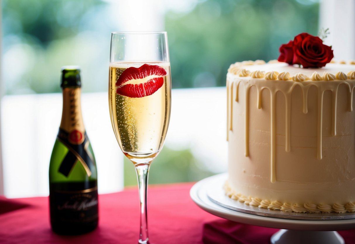 A red lipstick stain on a champagne glass next to a wedding cake
