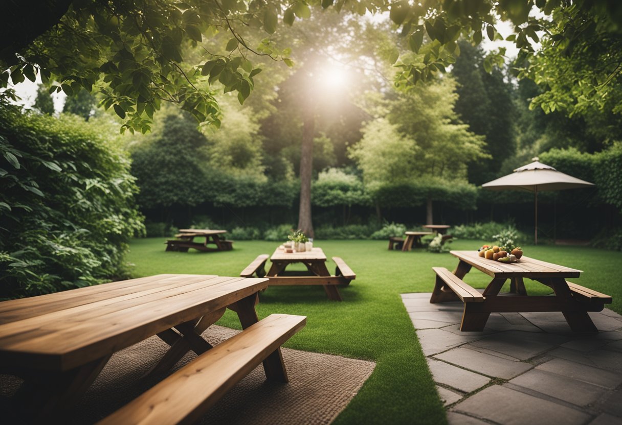 A traditional wooden picnic table surrounded by lush greenery in a spacious backyard