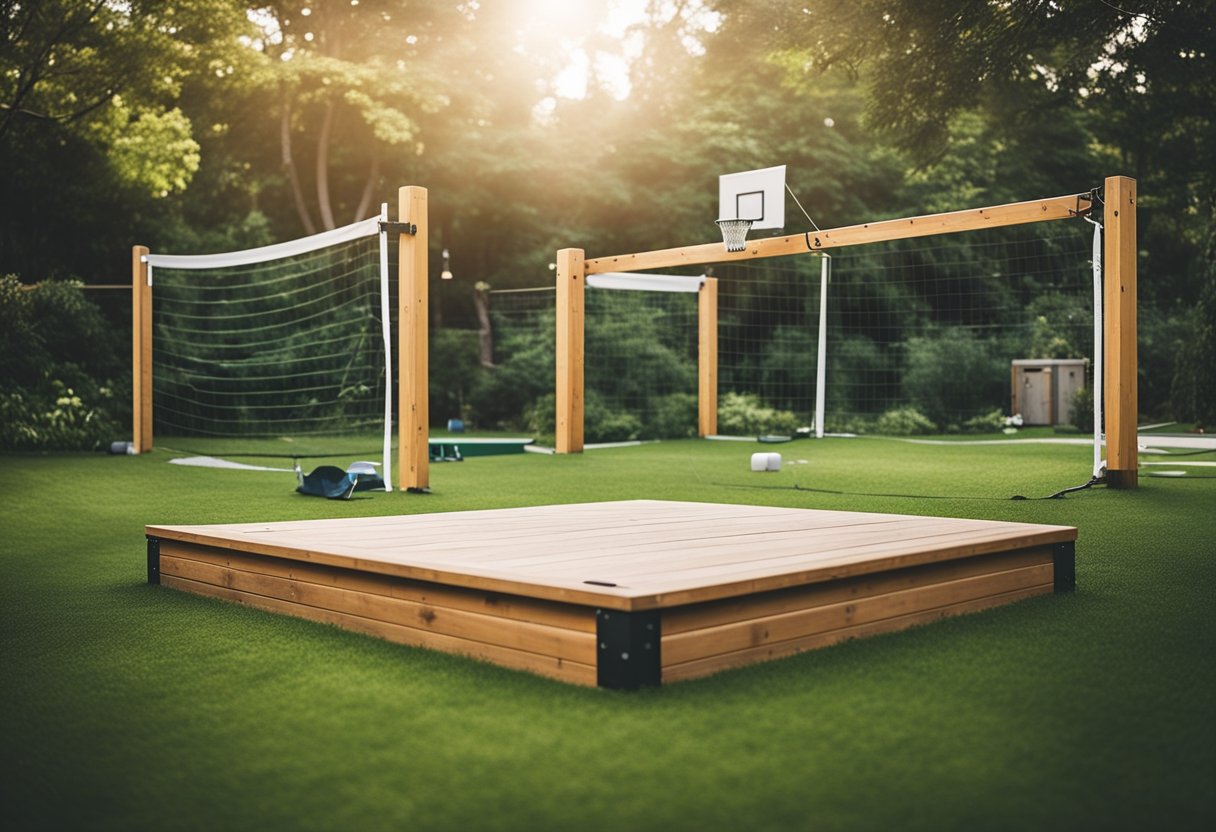 A spacious backyard with a wooden deck, surrounded by lush greenery and equipped with various outdoor games such as a volleyball net, cornhole boards, and a small soccer field