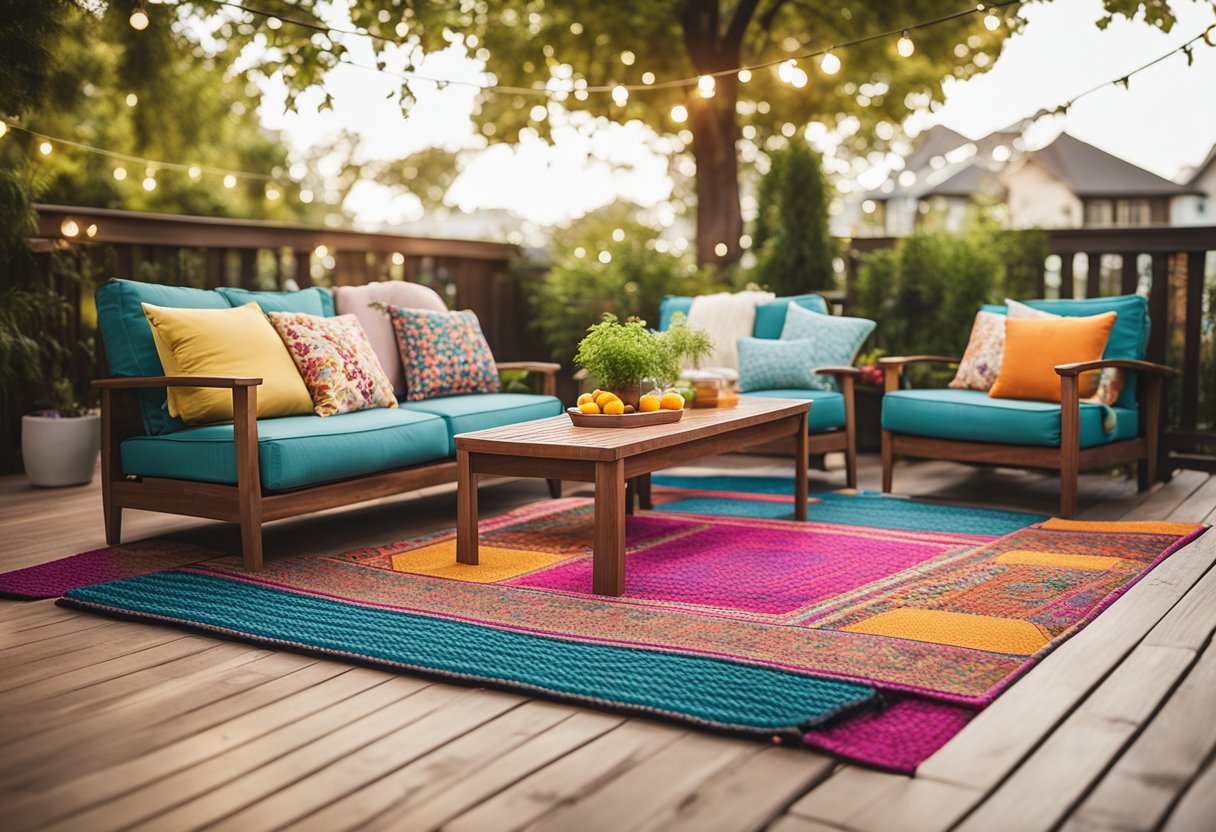 Vibrant deck rugs add pops of color to a cozy backyard oasis, surrounded by lush greenery and comfortable outdoor furniture