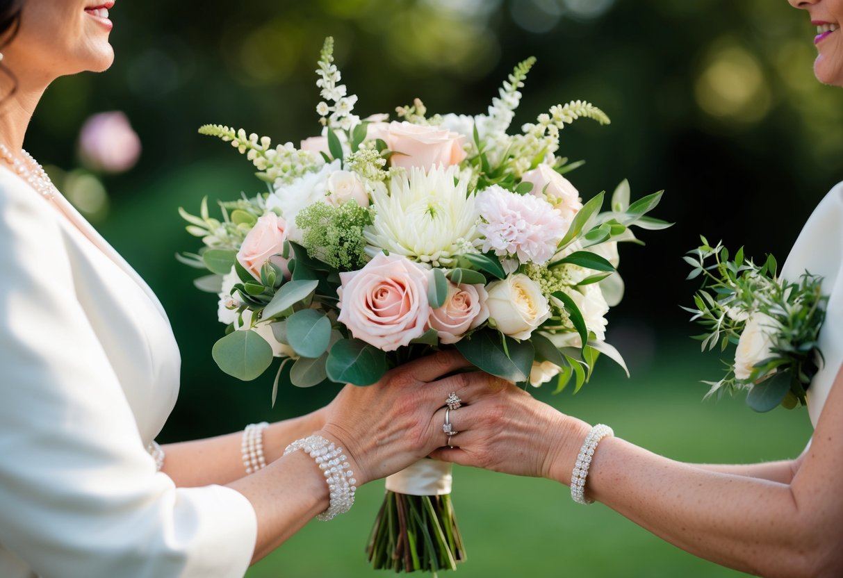 A bouquet of elegant flowers in the mother of the bride's hands at a wedding, with a mix of soft pastel colors and greenery