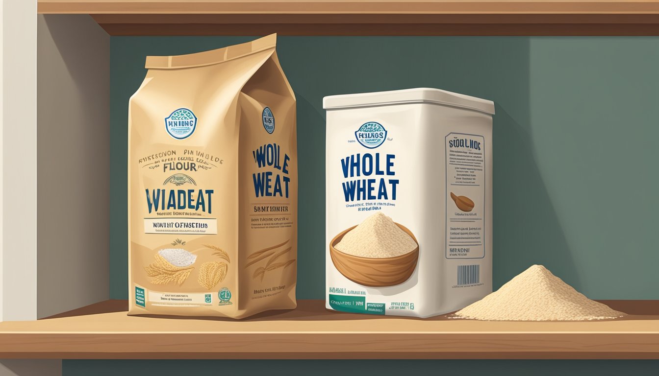 A bag of whole wheat flour sits on a kitchen shelf, next to a sealed container of the same flour. The expiration date on the bag is visible