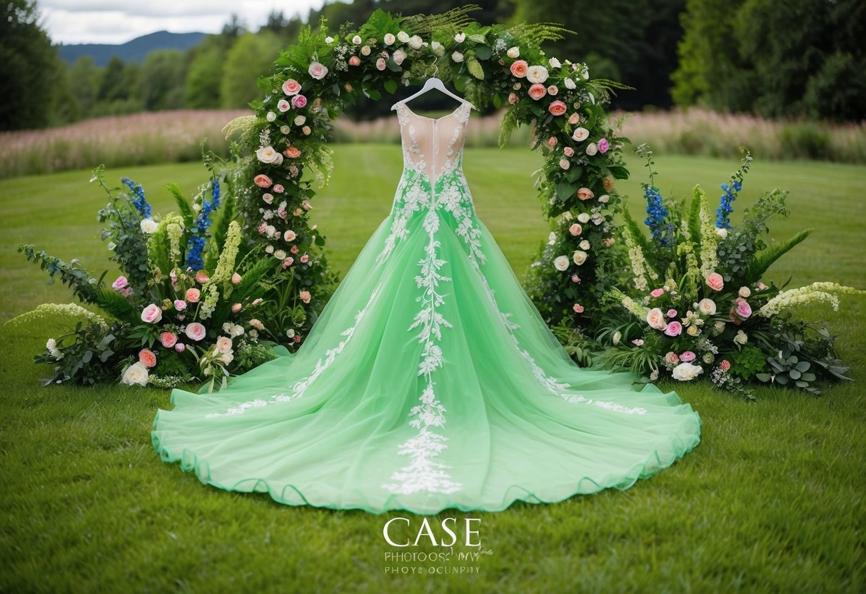 A lush green wedding dress surrounded by vibrant floral arrangements and natural scenery, symbolizing growth, renewal, and harmony with nature