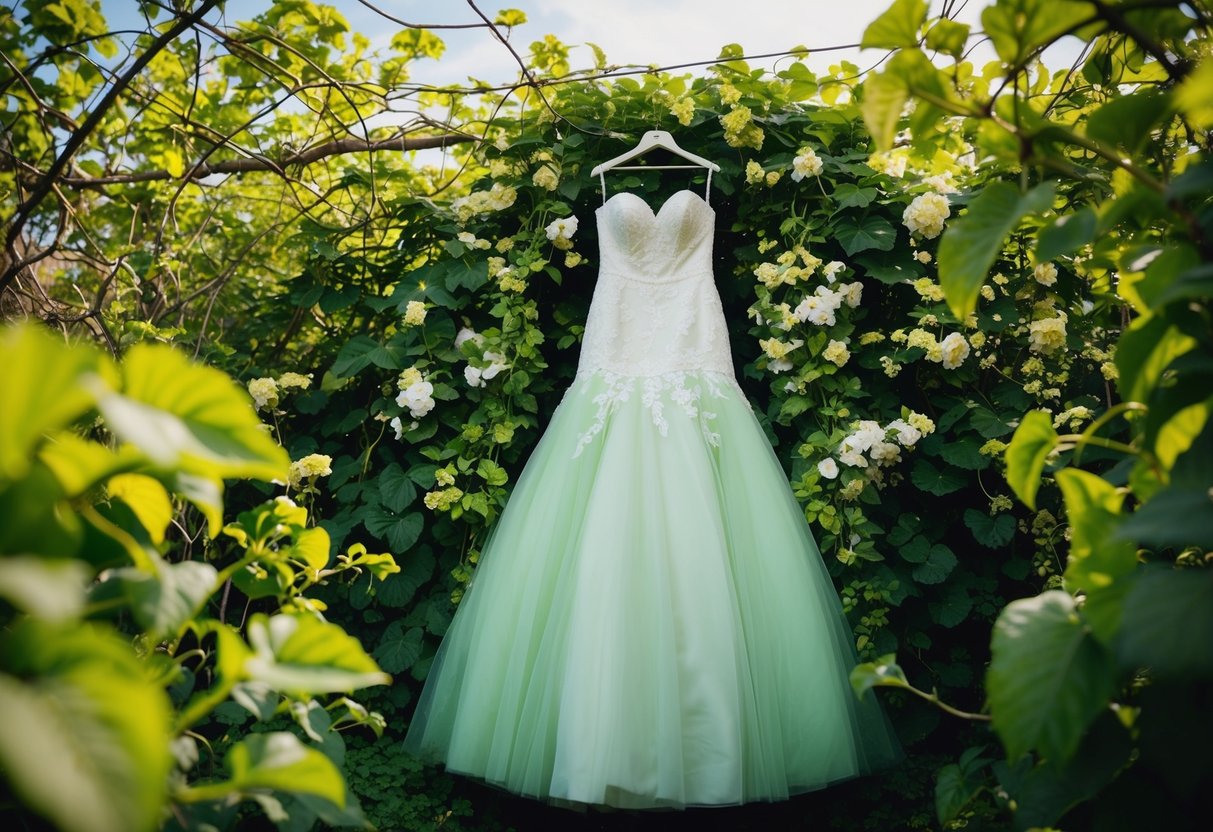 A lush green wedding dress surrounded by blooming vines and foliage, symbolizing growth, harmony, and nature's beauty