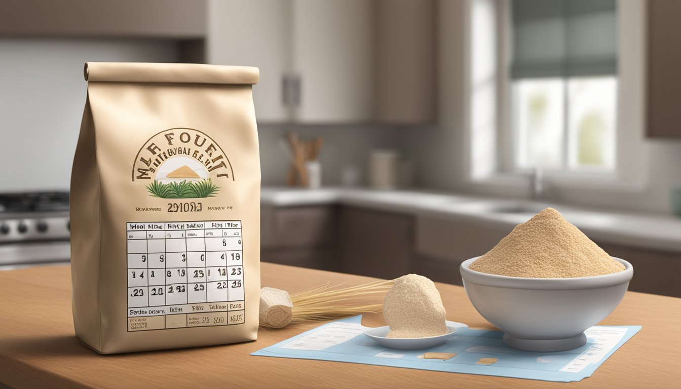 A bag of whole wheat flour sits on a kitchen counter, next to a calendar showing the current date and the date the flour was opened