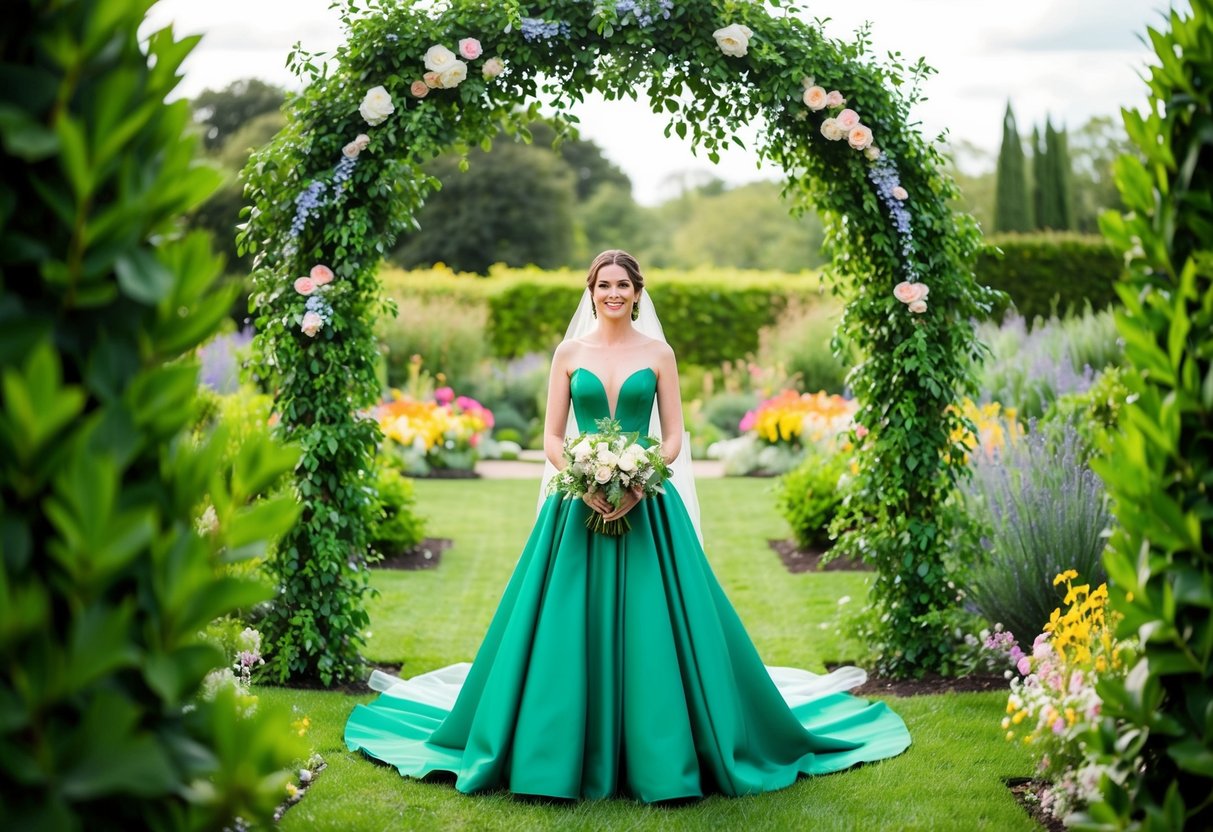 A bride in a verdant gown stands in a lush garden, surrounded by vibrant greenery and flowers, symbolizing growth, harmony, and fertility in marriage