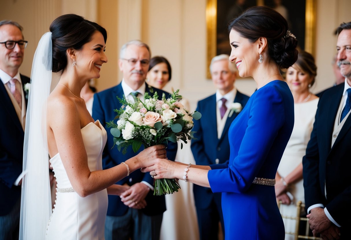A woman presents a bouquet of flowers to another woman, both dressed elegantly. They stand in a formal setting, surrounded by other wedding guests