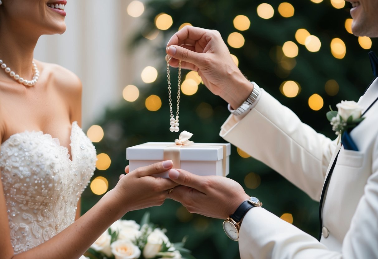 A bride and groom exchange gifts: a delicate pearl necklace and a sleek wristwatch