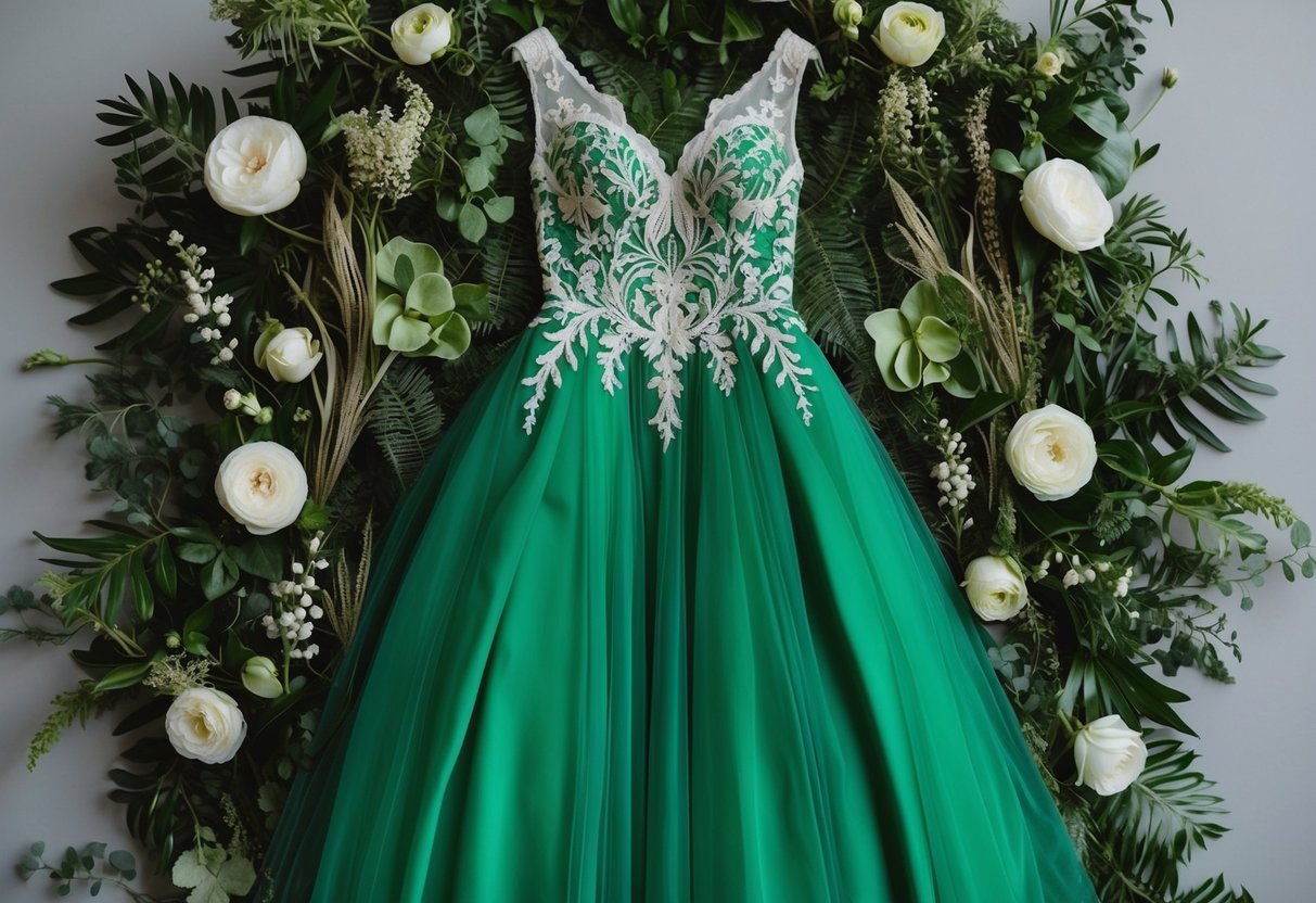 A lush green wedding dress symbolizing nature and growth, surrounded by delicate floral accents and natural elements