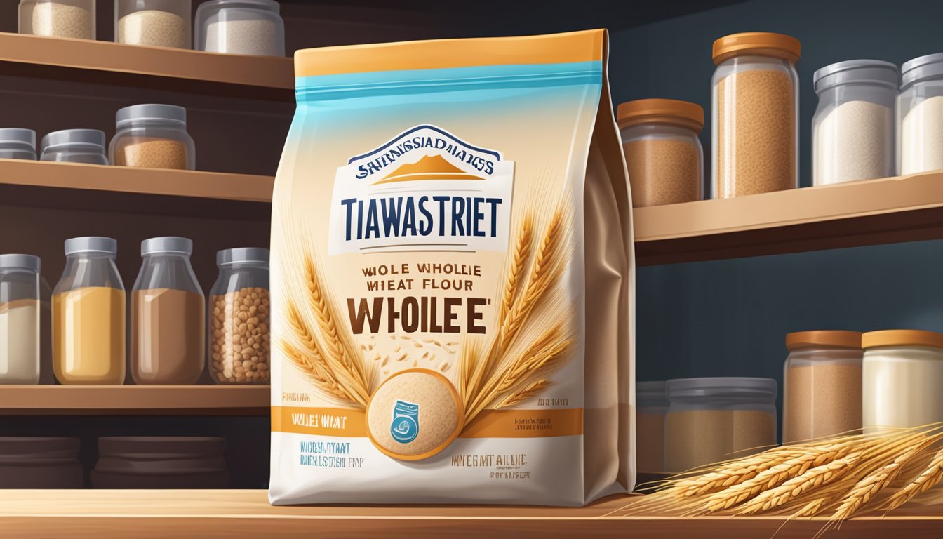 A sealed bag of whole wheat flour sits on a shelf in a cool, dry pantry, away from direct sunlight and heat sources