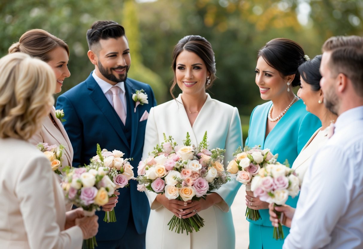 A florist presents a selection of elegant, pastel-colored flowers to a group of wedding professionals, including the mother of the bride