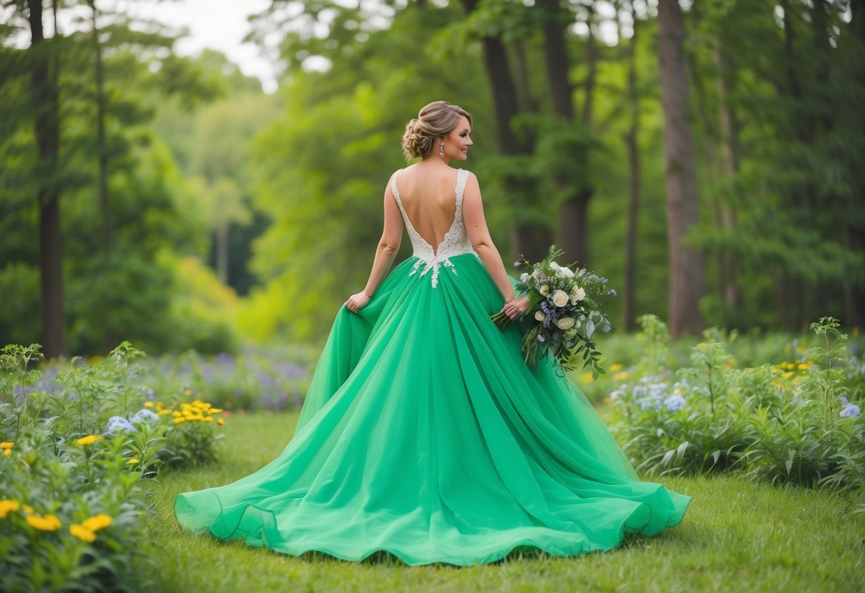 A bride in a flowing green wedding gown stands in a lush forest clearing, surrounded by vibrant greenery and flowers. The dress symbolizes nature, growth, and harmony