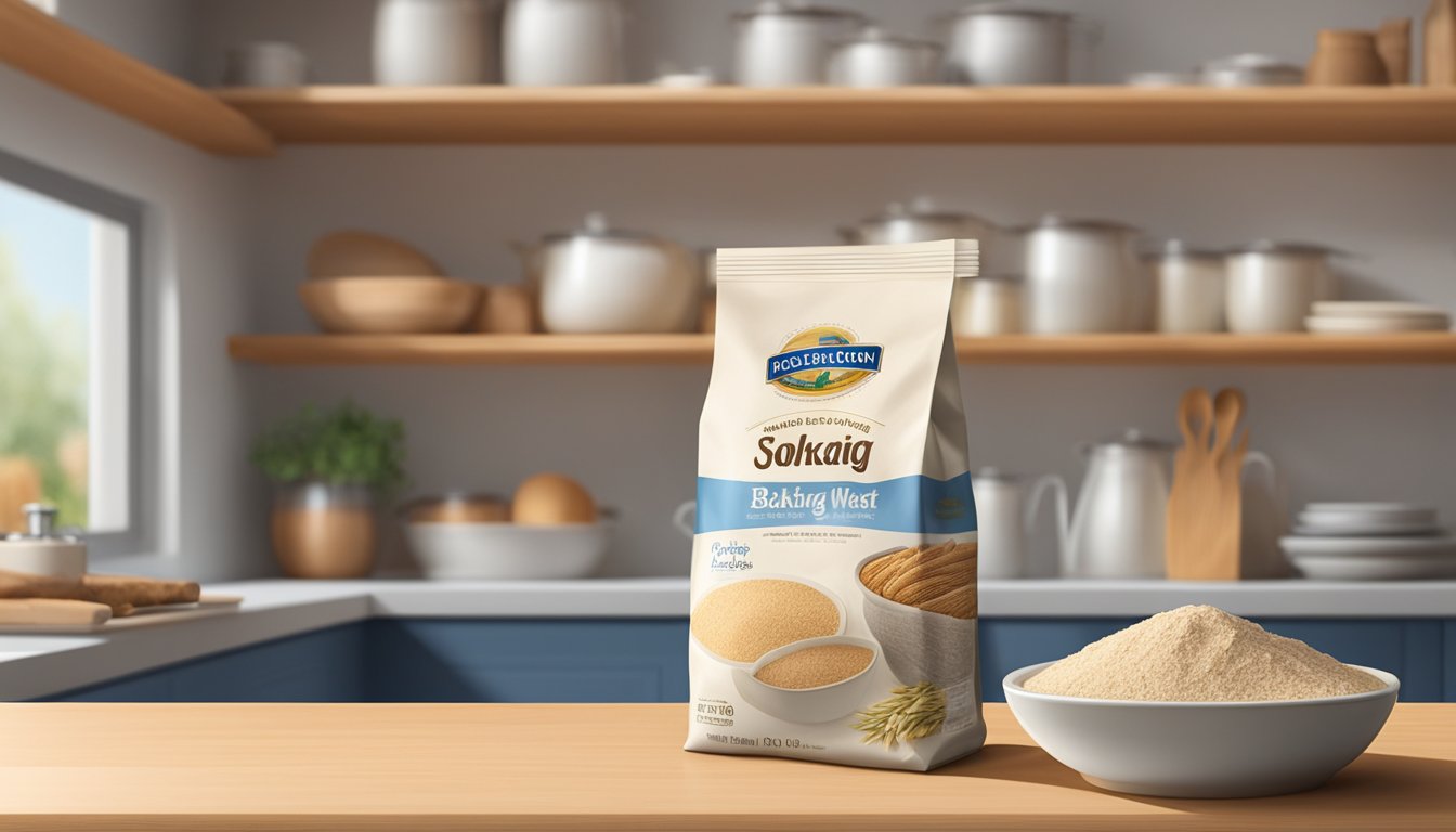 A bag of whole wheat flour sits on a kitchen shelf, with a best-by date clearly visible. A pantry with other baking ingredients is in the background