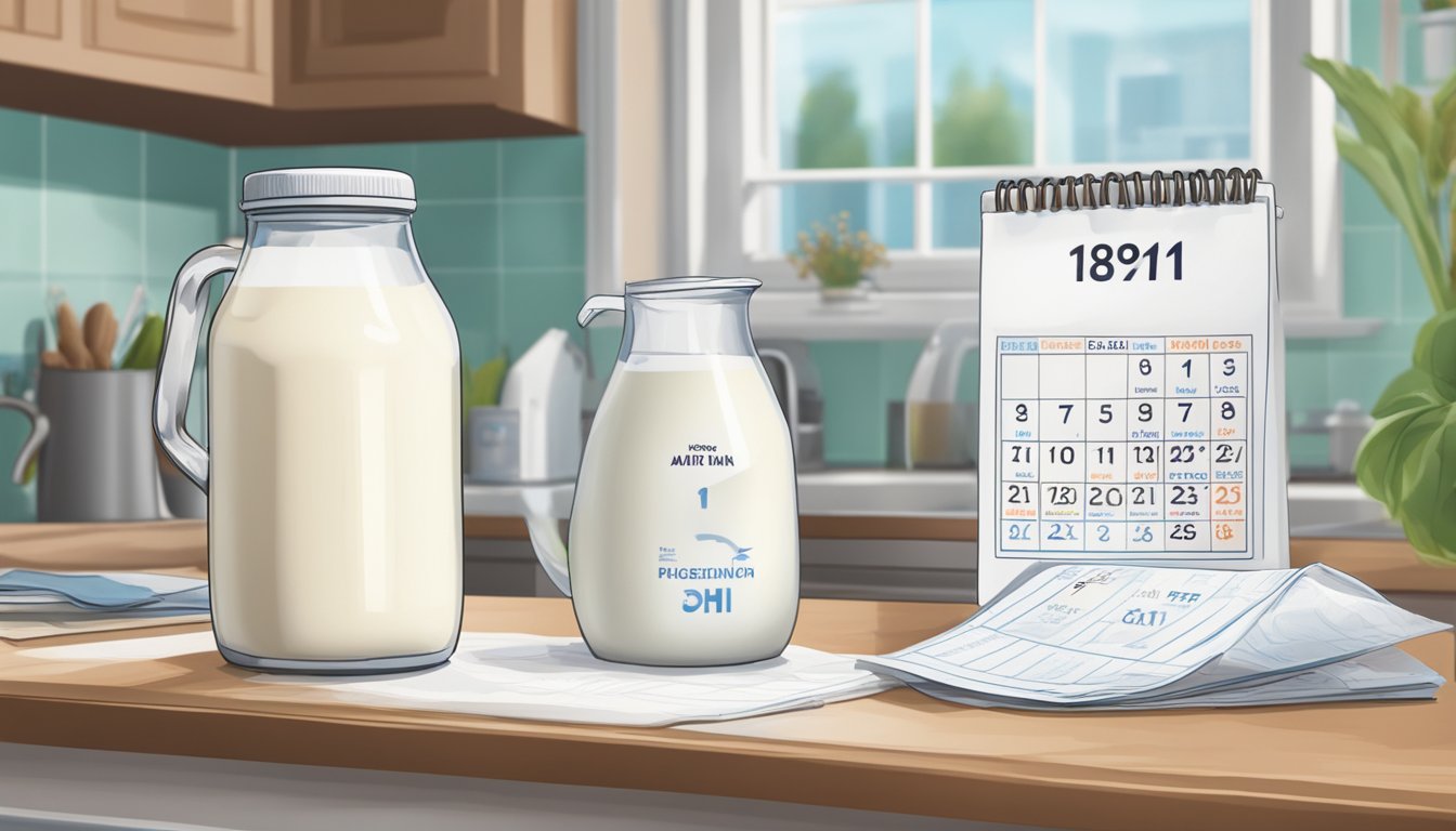 A jug of 1% milk sits on a kitchen counter, next to a calendar with the current date circled. A few days are crossed off, indicating the milk's expiration date