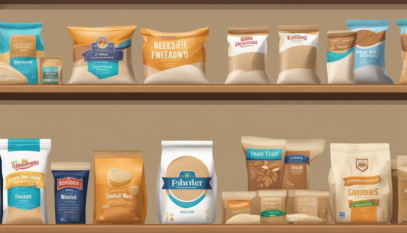 A pantry shelf with various bags of flour, including whole wheat, with expiration dates visible