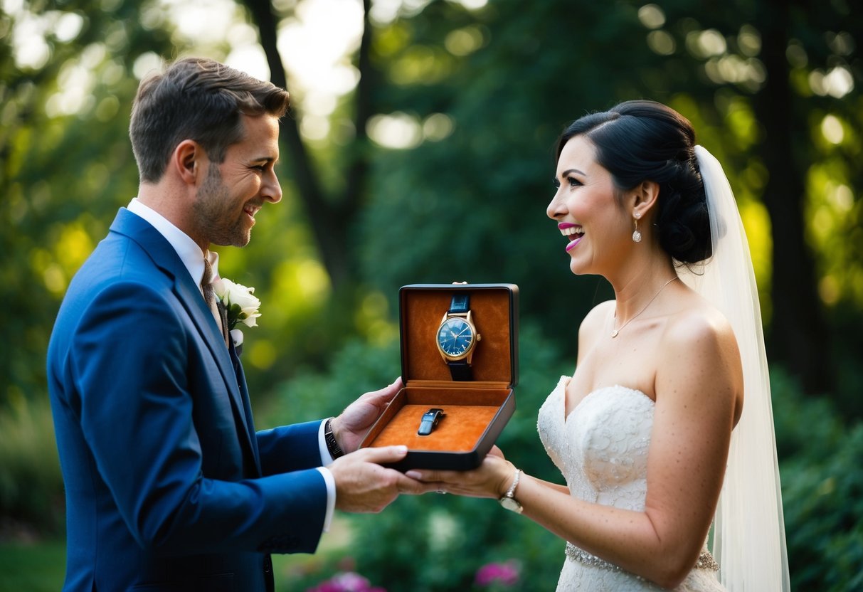 A groom presents a vintage watch to his bride, while she surprises him with a custom-made leather journal