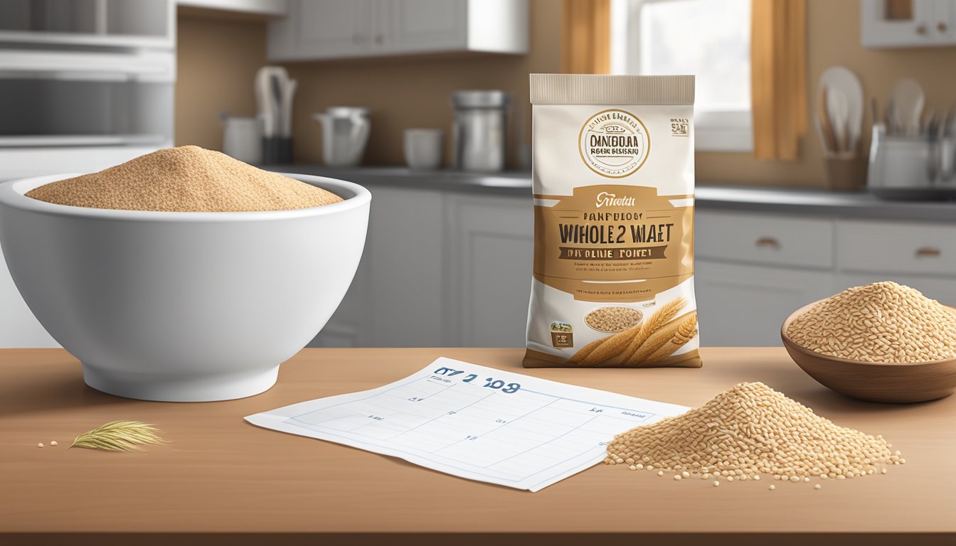 A bag of whole wheat flour sits on a kitchen countertop, next to a calendar showing the current date. The bag is partially opened, with a few grains spilling out onto the counter