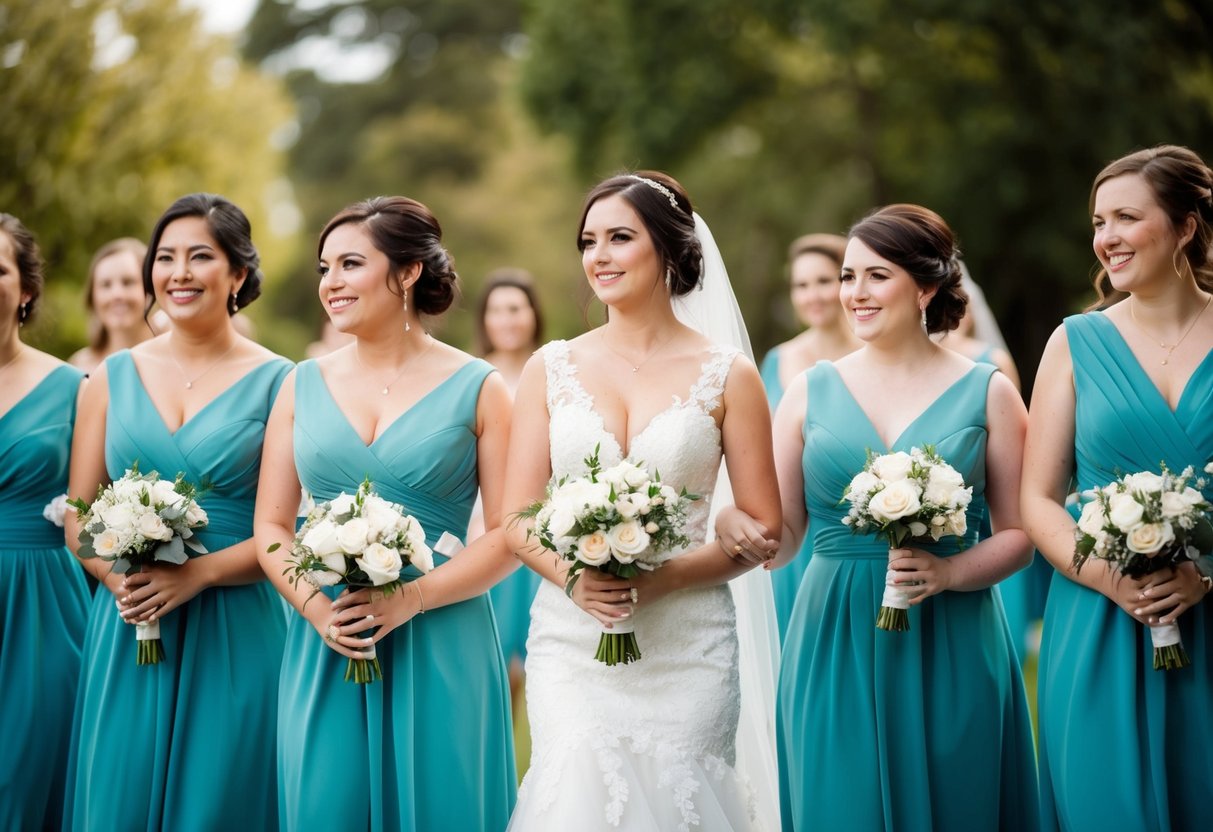 A woman in a matching color dress stands among a group of bridesmaids, all wearing the same color, at a wedding ceremony