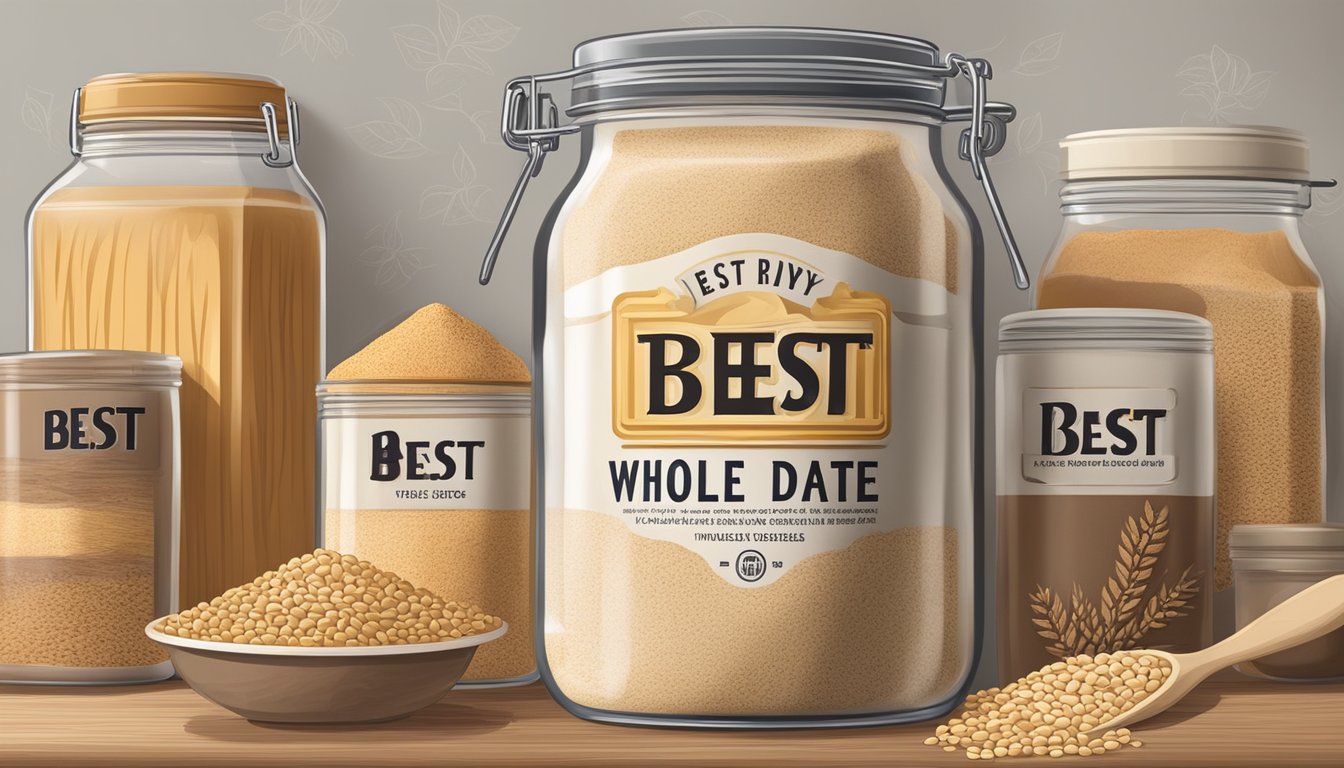 A tightly sealed container of whole wheat flour with a "best by" date label, surrounded by pantry items like grains and spices