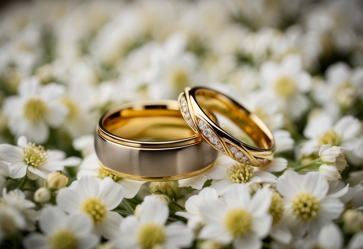 A pair of entwined gold wedding rings resting on a bed of delicate white flowers