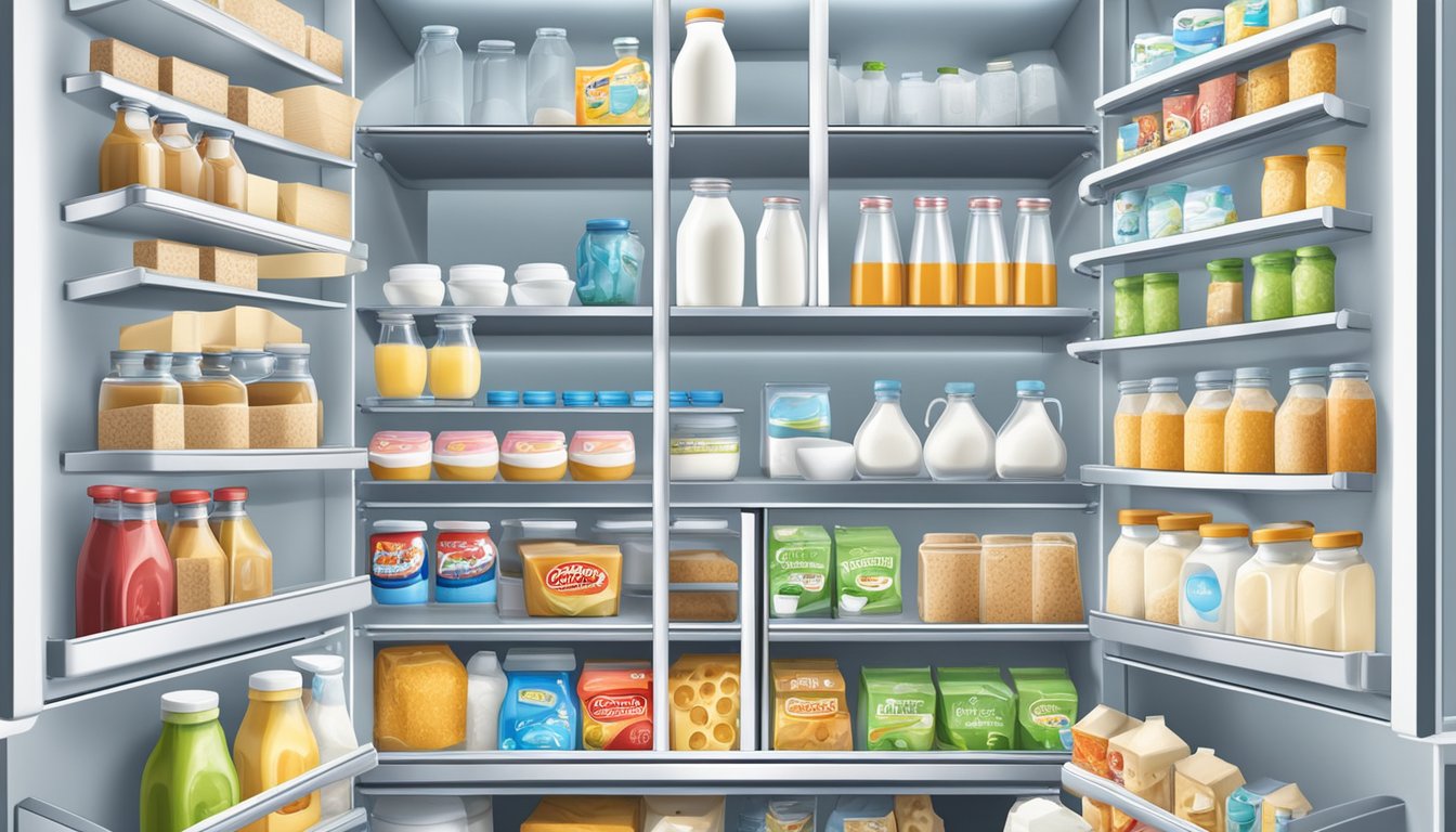 A refrigerator with a carton of 1% milk placed on the top shelf, surrounded by other dairy products and condiments