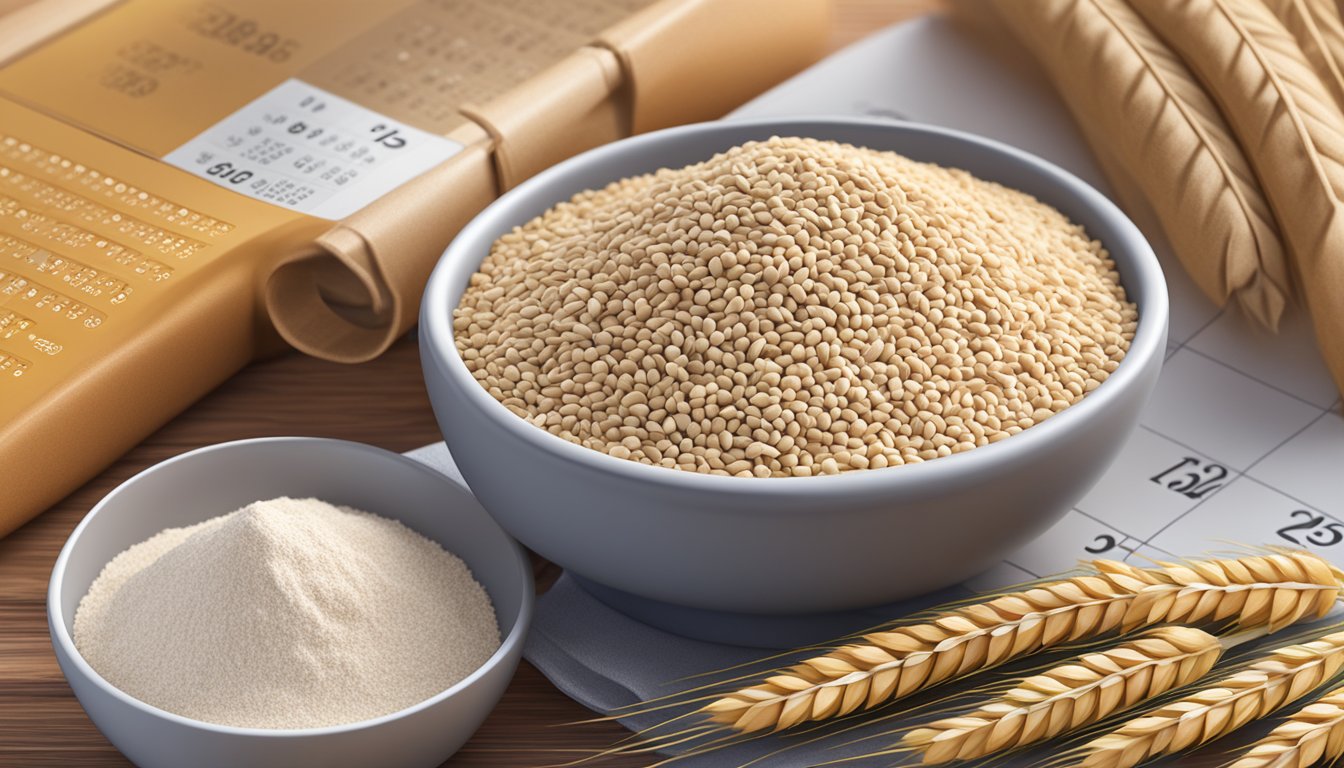 A bag of whole wheat flour sits next to various other whole grains, with a calendar showing the current date in the background