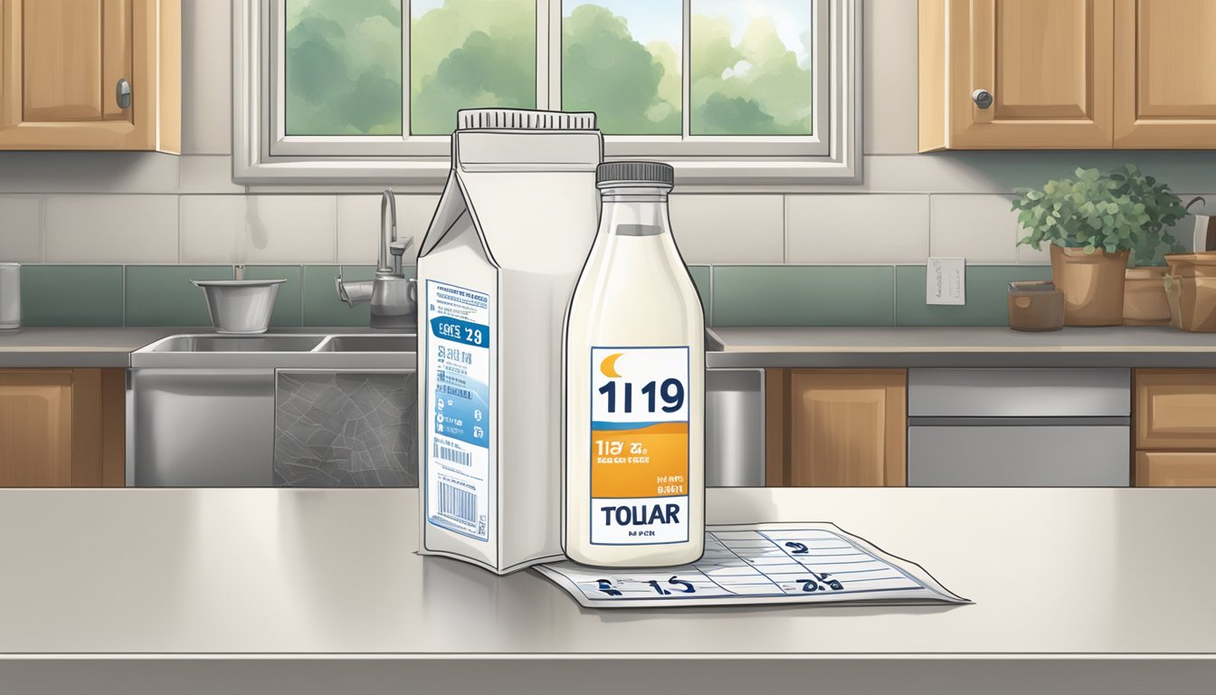 A carton of 1% milk sits on a kitchen counter, next to a calendar showing the current date and the expiration date