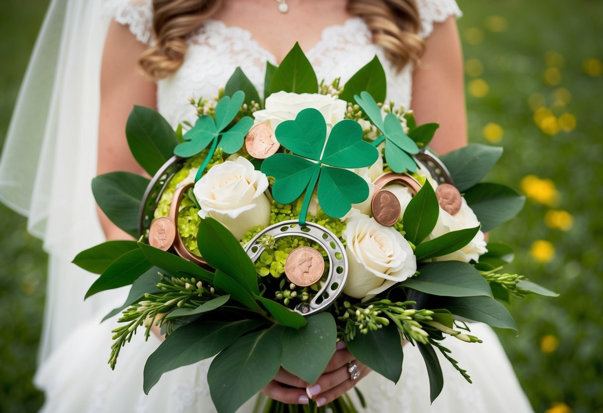A bride's bouquet with four-leaf clovers, horseshoes, and lucky pennies intertwined among the flowers