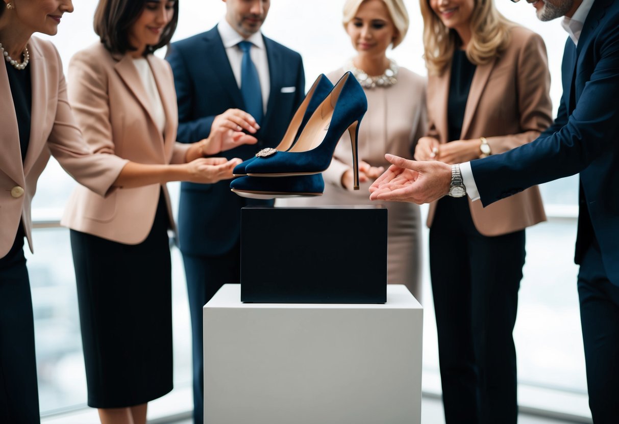 A pair of elegant shoes being placed on a pedestal, surrounded by a group of people admiring and discussing them
