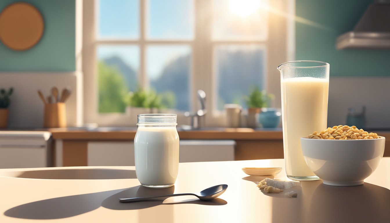 A glass of 1% milk sitting on a kitchen counter, next to a bowl of cereal and a spoon. Sunlight streams in through a nearby window