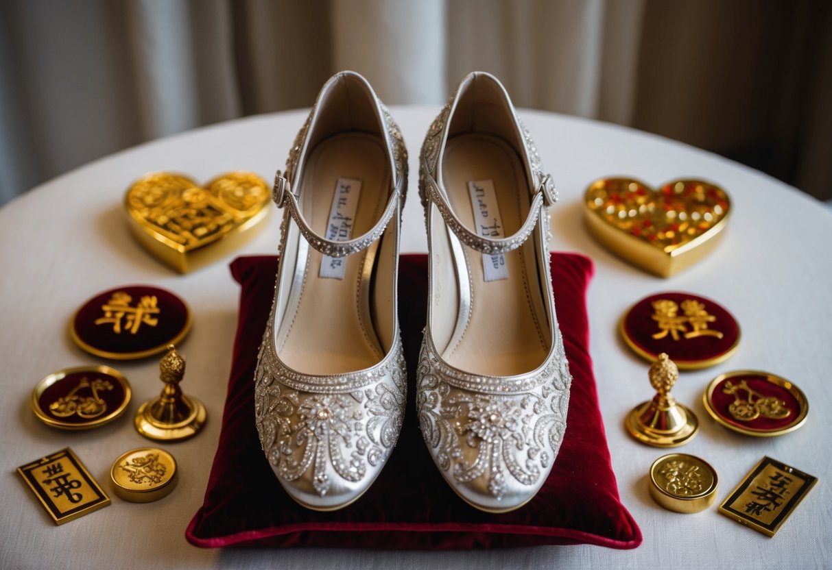 A pair of ornate bridal shoes sits on a velvet cushion, surrounded by symbols of love, prosperity, and tradition