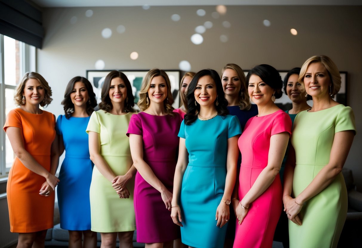 A group of women in matching dresses gather in a room, each wearing a different shade of the same color. They stand confidently, radiating comfort and elegance