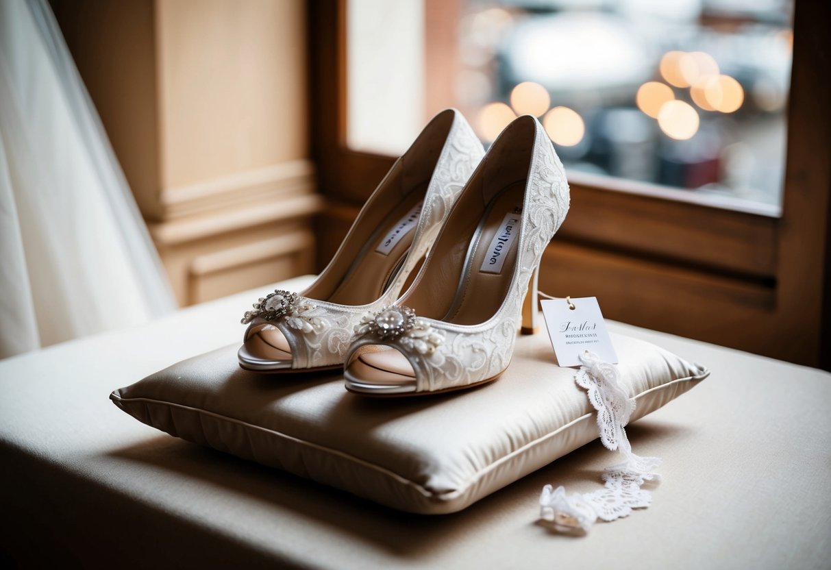A pair of elegant bridal shoes displayed on a cushioned pedestal, with a price tag and a delicate lace garter nearby