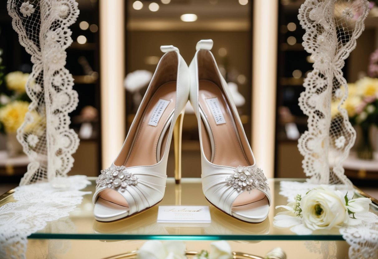 A pair of elegant bridal shoes on display in a luxurious store, surrounded by delicate lace and floral details