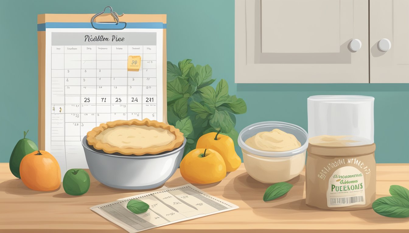 A kitchen counter with an unopened package of Wholly Wholesome Organic Pie Dough sitting next to a calendar, with the date of purchase circled