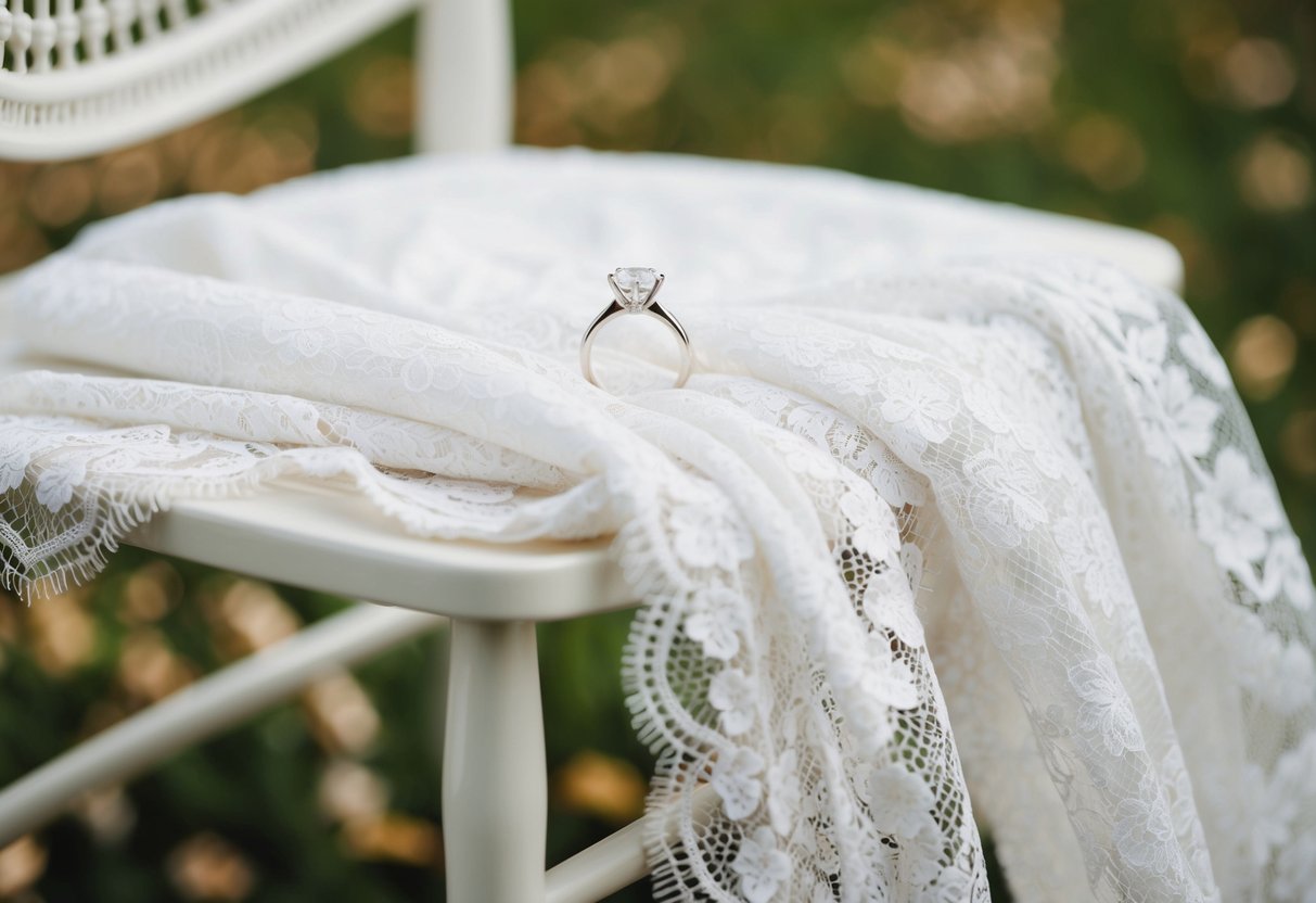 A white lace wedding dress draped over a chair, with a sparkling engagement ring placed on top