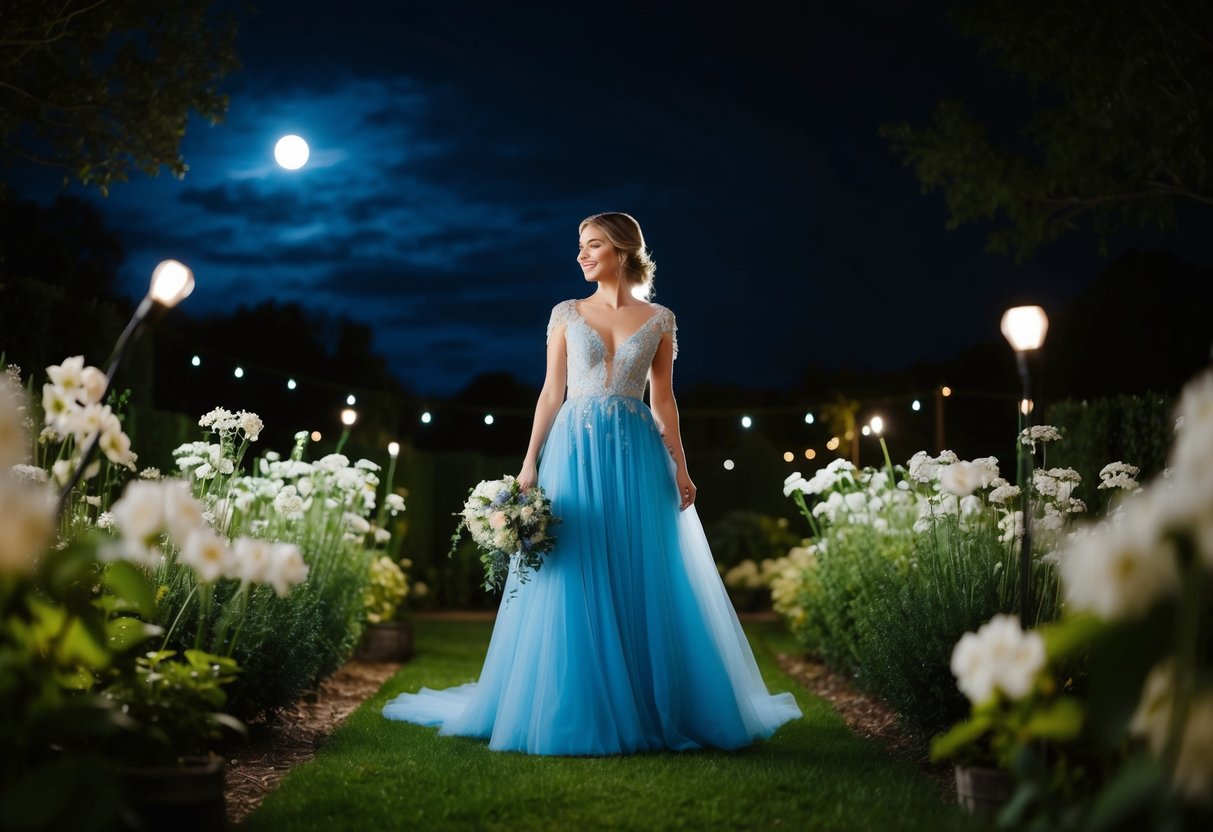 A bride in a flowing blue gown stands in a moonlit garden, surrounded by twinkling lights and delicate white flowers