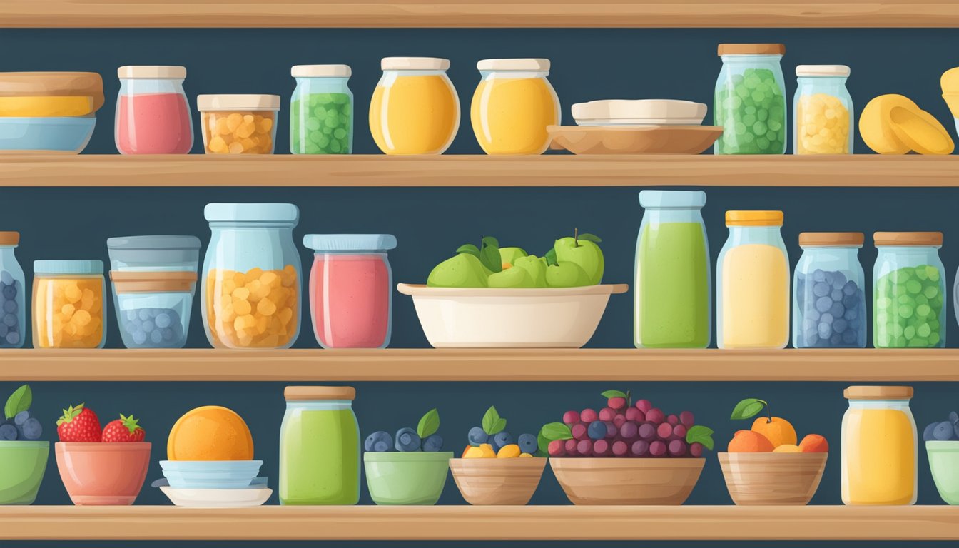 A pantry shelf with a package of Wholly Wholesome Organic Pie Dough, surrounded by various fruits and baking utensils