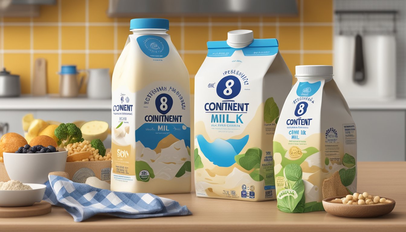 A carton of 8th Continent Soy Milk sits on a kitchen counter, surrounded by various food items. The expiration date is clearly visible on the packaging