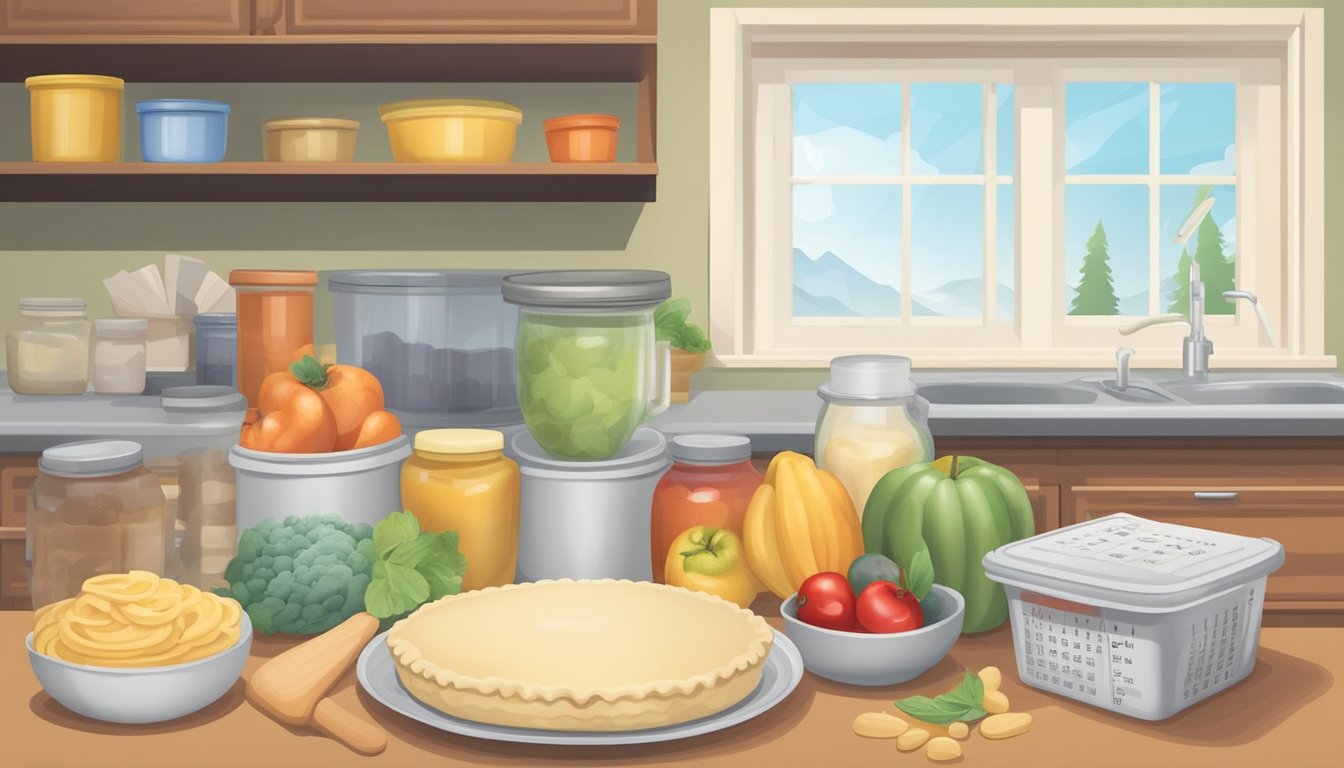 A kitchen shelf with a package of Wholly Wholesome Organic Pie Dough, surrounded by a calendar, thermometer, and various food storage containers