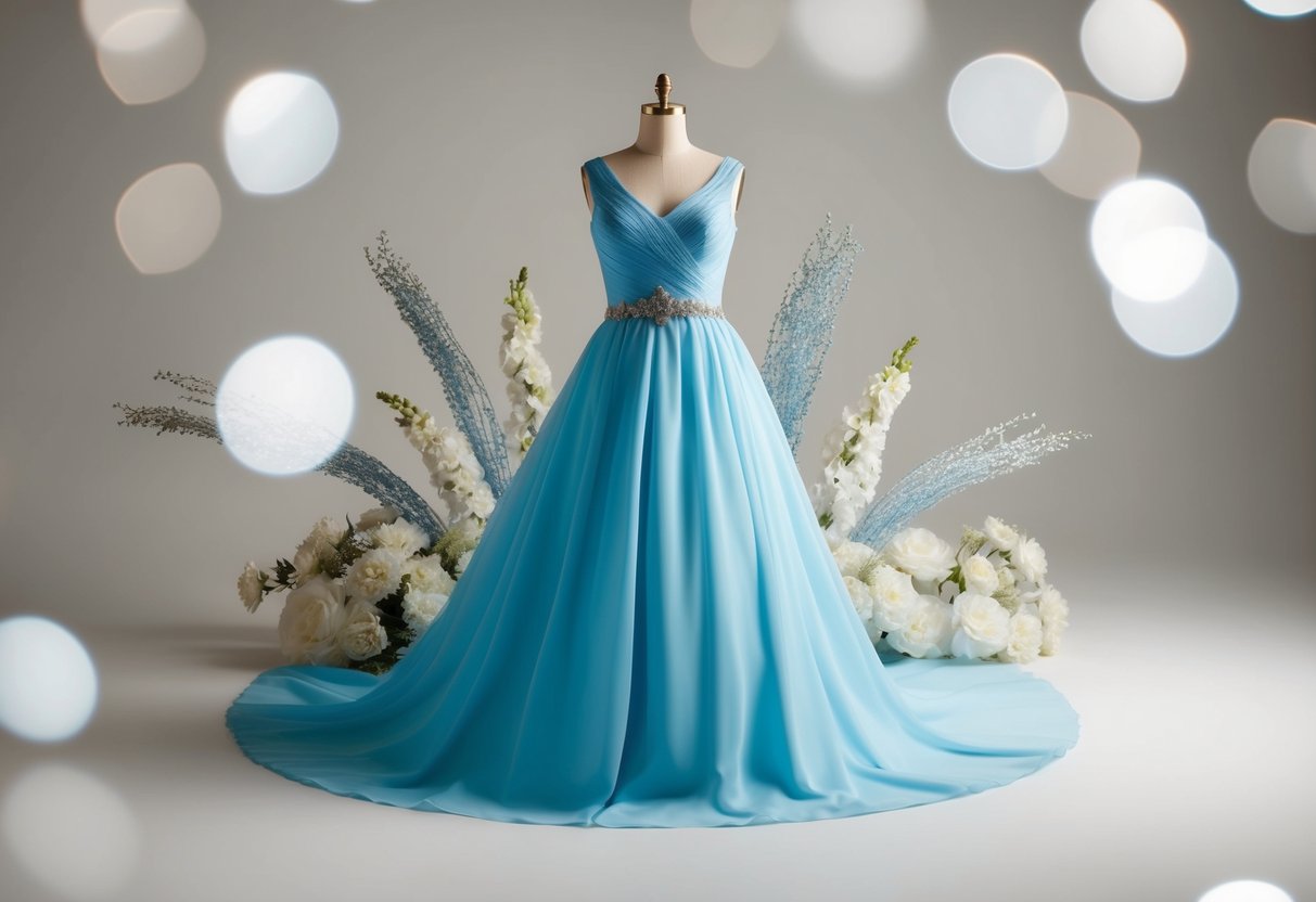 A serene blue wedding dress surrounded by delicate white flowers and shimmering silver accents