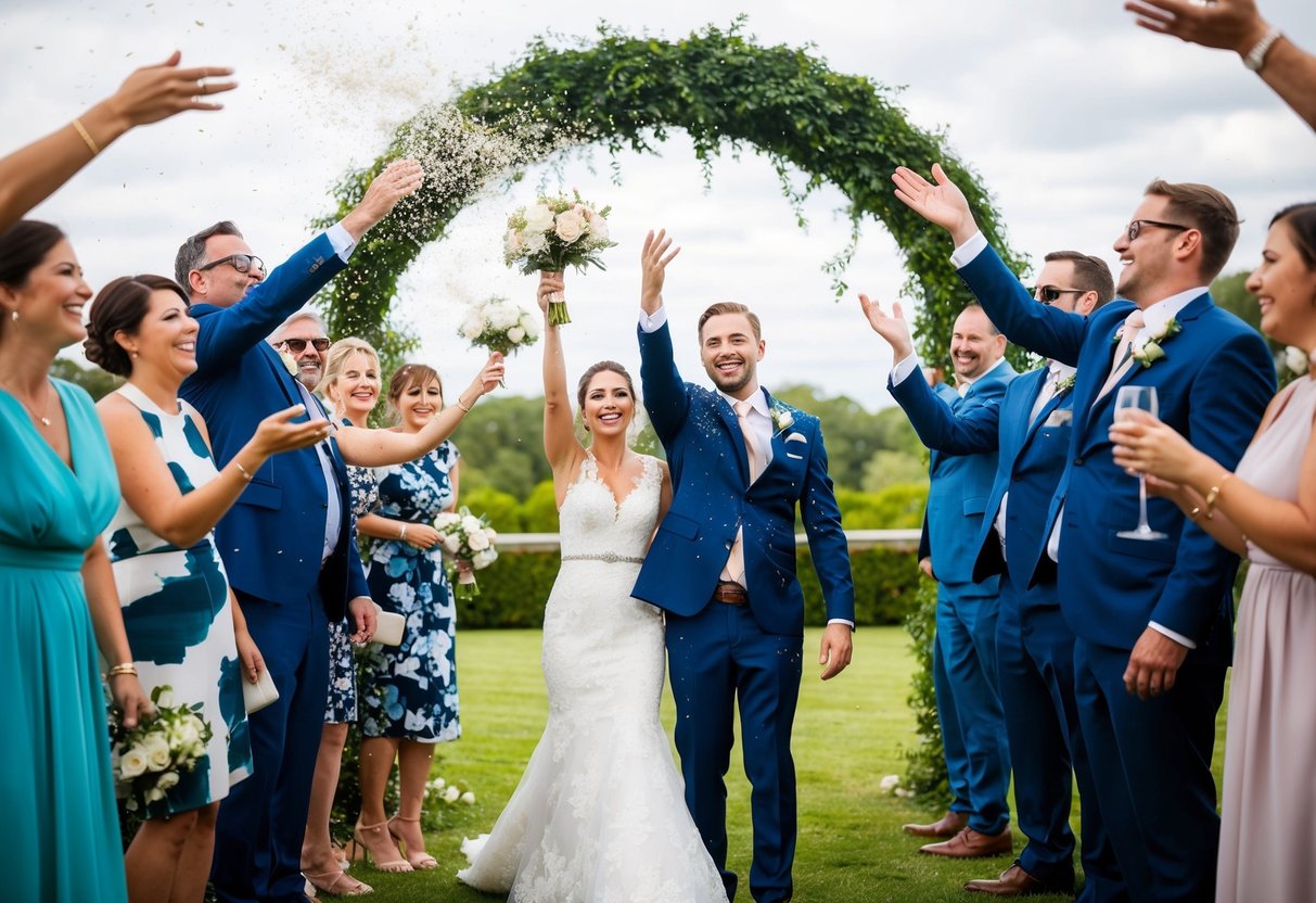 Guests toss rice at a wedding, symbolizing fertility and prosperity. The couple stands under an arch, surrounded by joyful attendees