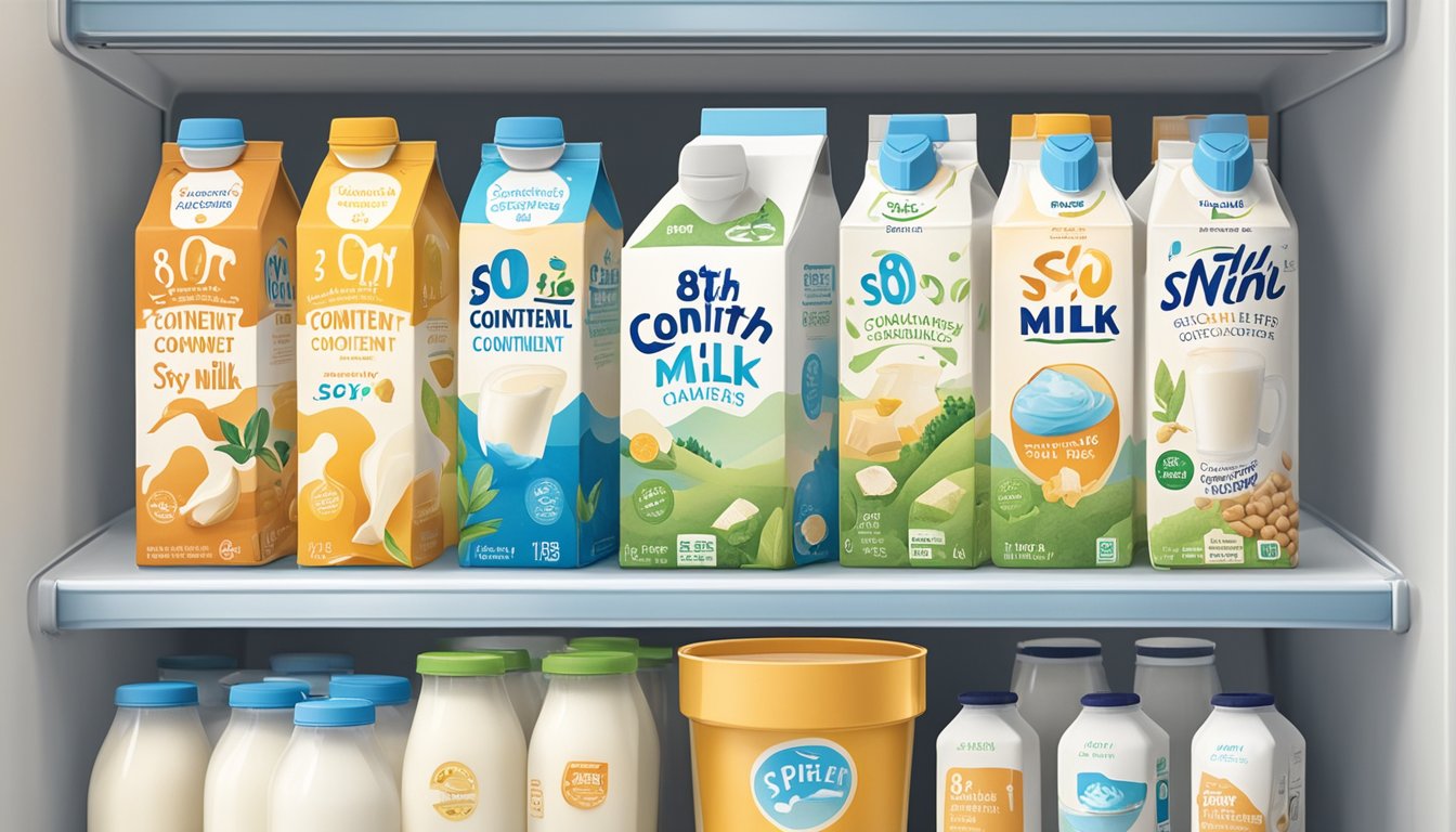 A carton of 8th Continent Soy Milk sits on a clean, organized shelf in a refrigerator, surrounded by other dairy alternatives