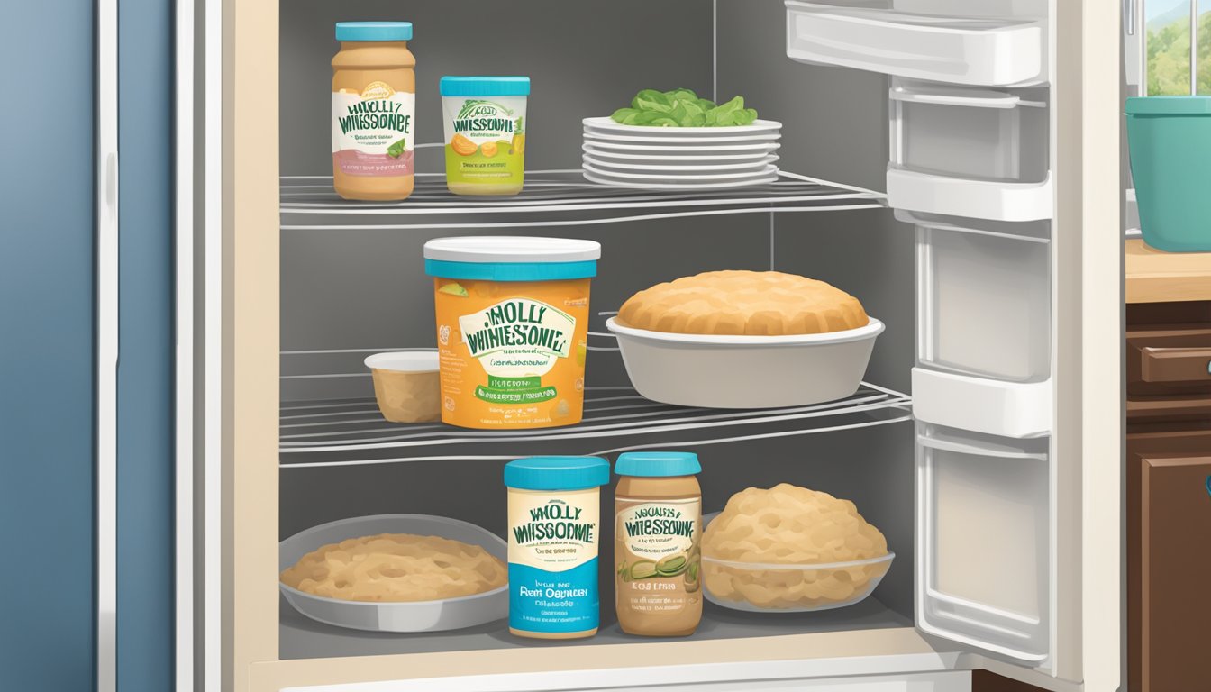 A sealed package of Wholly Wholesome Organic Pie Dough sits in a refrigerator next to other food items. The refrigerator door is slightly ajar, with a clear view of the dough inside