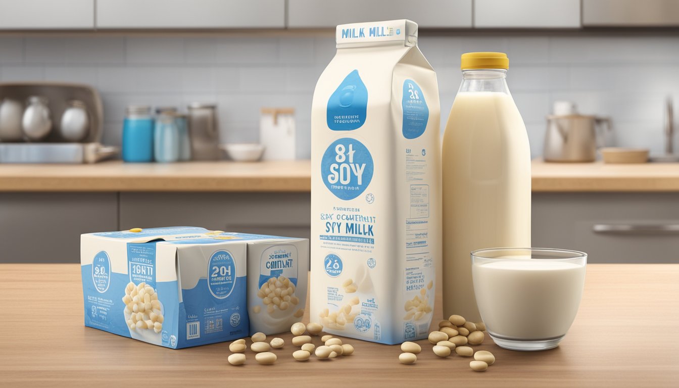 A carton of 8th Continent Soy Milk sits on a kitchen counter, surrounded by various expiration date labels and a calendar